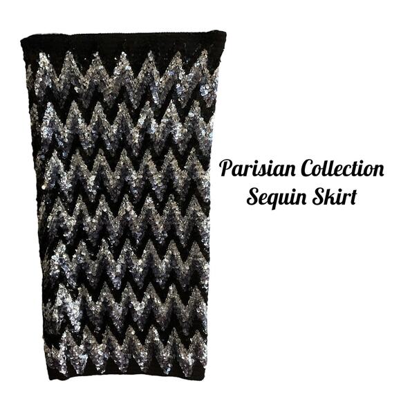 Parisian Collection Skirt SZ L Lined Stretch Sequin Metallic Silver Black Party - Picture 1 of 10